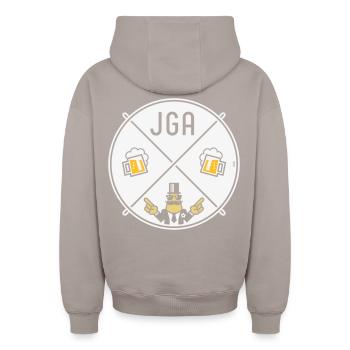Signe de main du marié Signe de bière Symbole NEG 3C - Sweat à capuche unisexe zippé oversize épais SPREAD - taupe - Dos - AI Model Male 178 light (178cm)