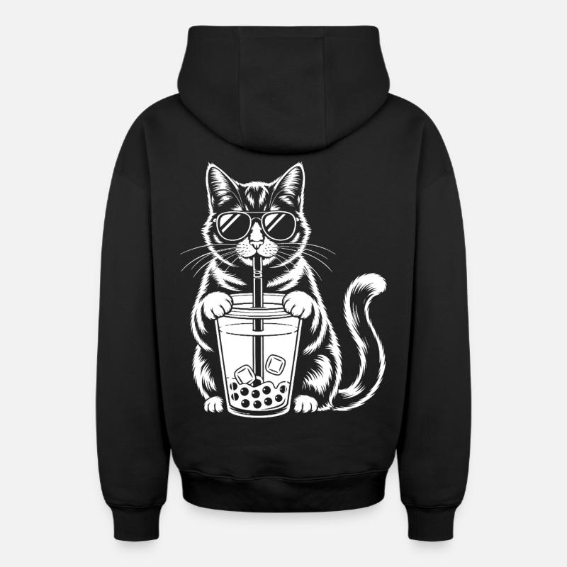 Chat avec bubble tea - Sweat à capuche unisexe zippé oversize épais SPREAD - noir