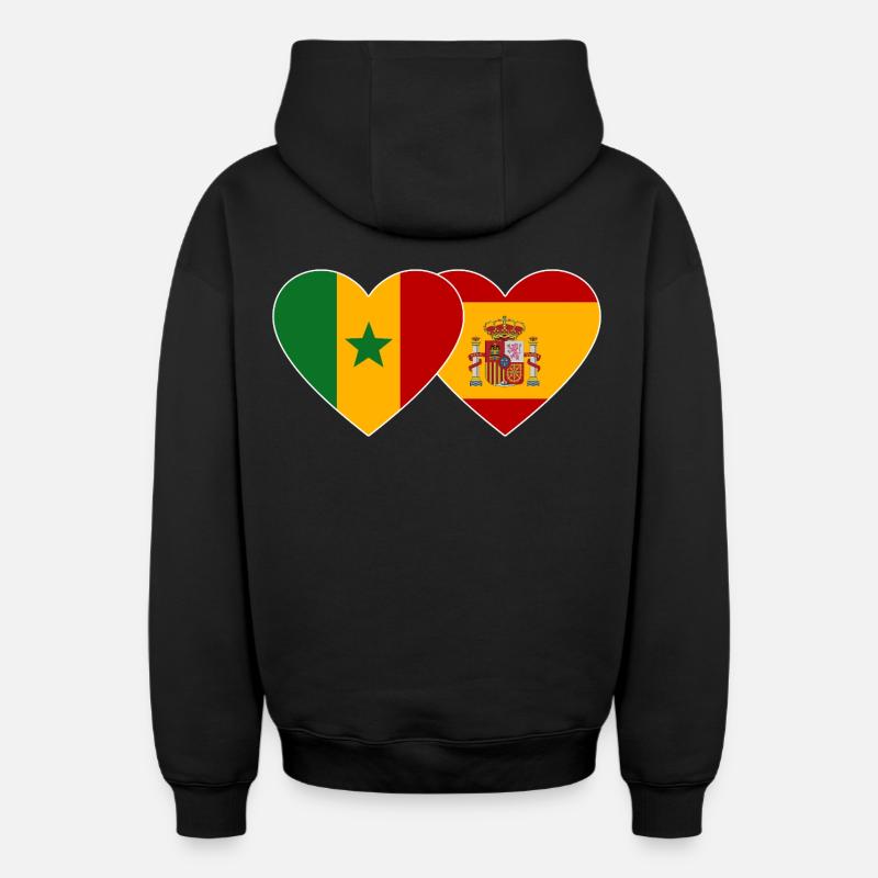 Fusion Heartlove Sénégal-Espagne - Sweat à capuche unisexe zippé oversize épais SPREAD - noir