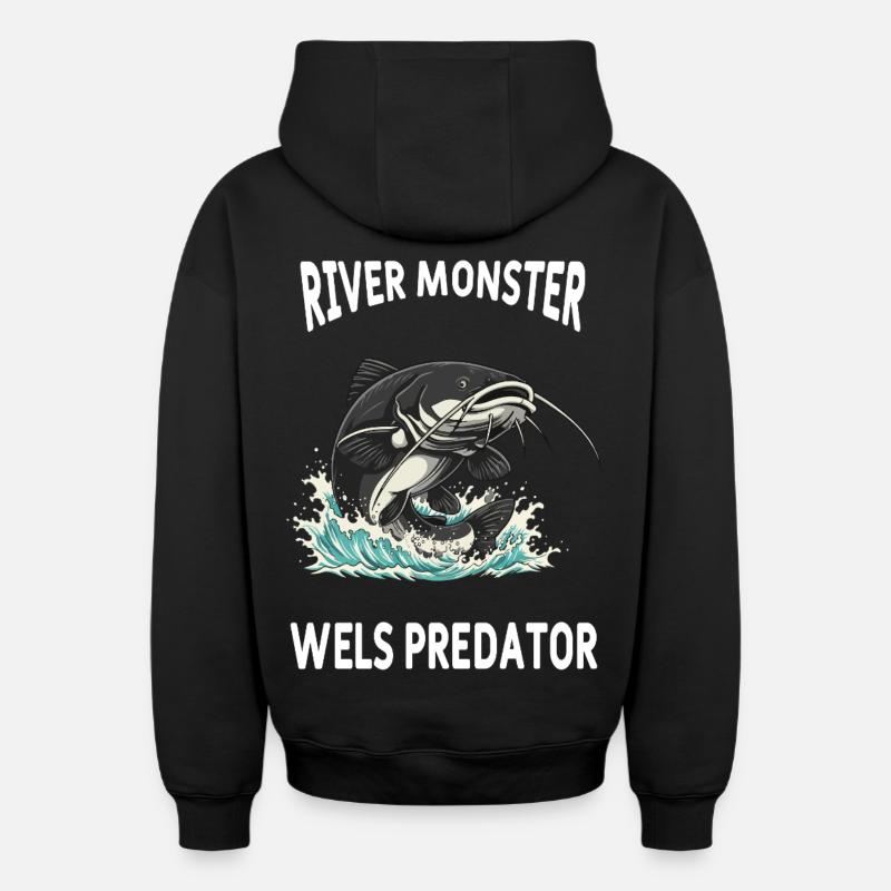 Pêche Rivière Silure Poisson Chat - Sweat à capuche unisexe zippé oversize épais SPREAD - noir