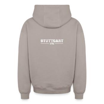 Stuttgart College Style - Oversized Heavyweight Unisex Zip Hoodie - Taupe - Hinten - AI Model Male 178 light (178cm)