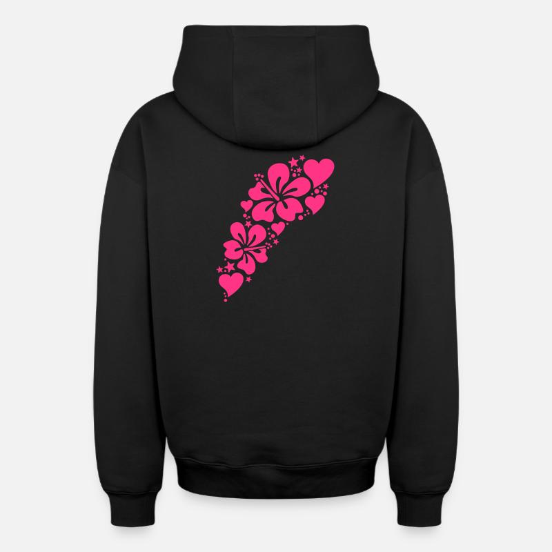 fleurs d'hibiscus, motif de coeurs - Sweat à capuche unisexe zippé oversize épais SPREAD - noir
