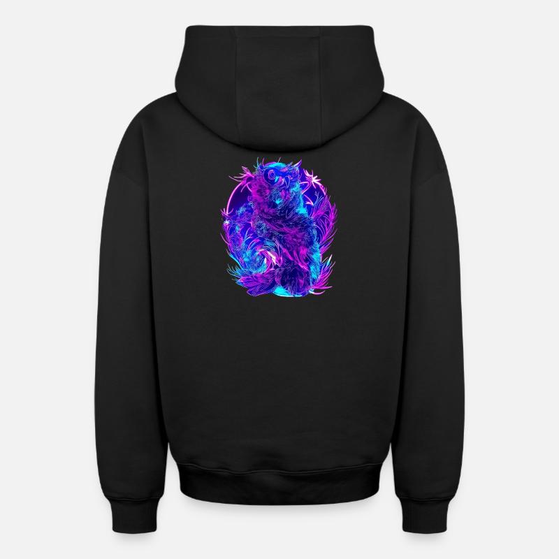 Abstrait Owls Neon Synthwave Art - Sweat à capuche unisexe zippé oversize épais SPREAD - noir