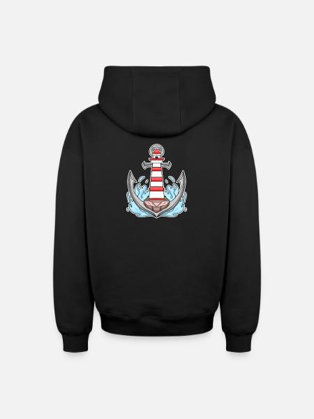 Anchor Lighthouse Mix Motif - Oversized Heavyweight Unisex Zip Hoodie - black