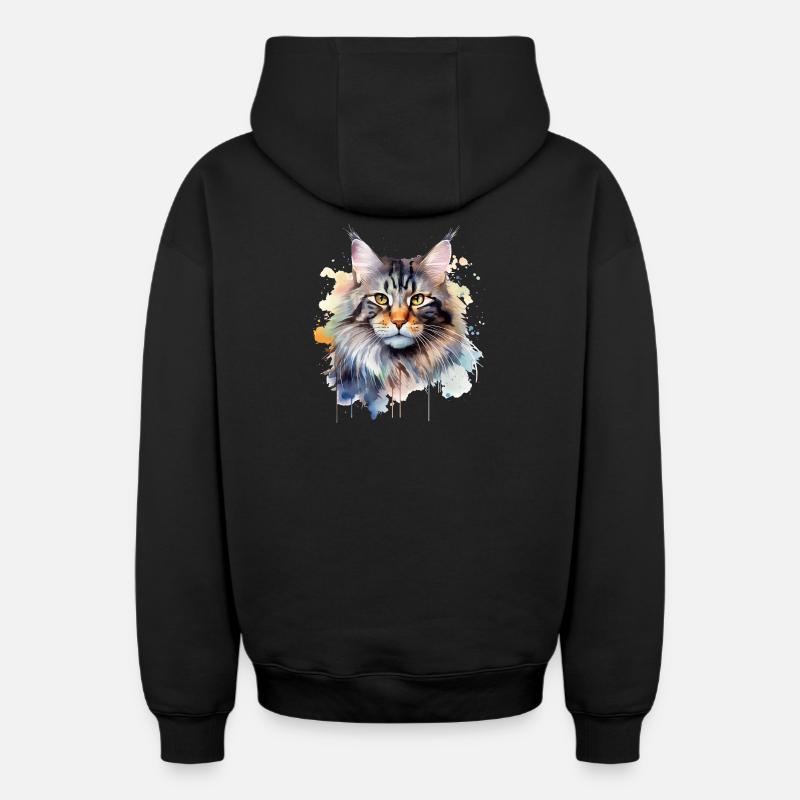 Maincoon aquarelle chat - Sweat à capuche unisexe zippé oversize épais SPREAD - noir