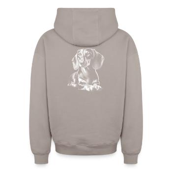 Cute Dachshund in Lying Pose in Drawing Style - Oversized Heavyweight Unisex Zip Hoodie - taupe - Back - AI Model Male 178 light (178cm)