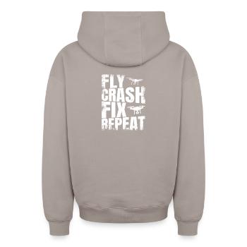 Fly_Crash_Fix_Repeat - Oversized Heavyweight Unisex Zip Hoodie - taupe - Back - AI Model Male 178 light (178cm)