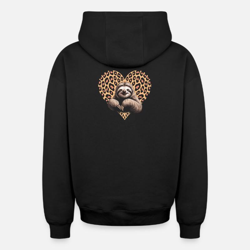 Sloth with Leo Pattern - Oversized Heavyweight Unisex Zip Hoodie - black