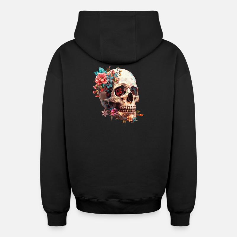 Crâne, crâne avec des fleurs - Sweat à capuche unisexe zippé oversize épais SPREAD - noir