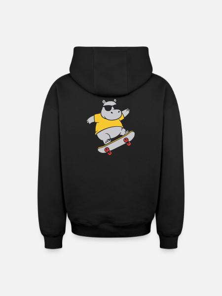 Cool Hippopotamus Skater Skateboard Vector - Oversized Heavyweight Unisex Zip Hoodie - black