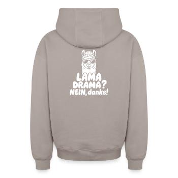 Lama Drama Non Merci - Sweat à capuche unisexe zippé oversize épais SPREAD - taupe - Dos - AI Model Male 178 light (178cm)