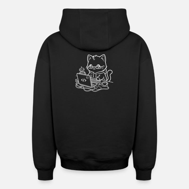 Coder Kawaii Cat Programmer - Sweat à capuche unisexe zippé oversize épais SPREAD - noir