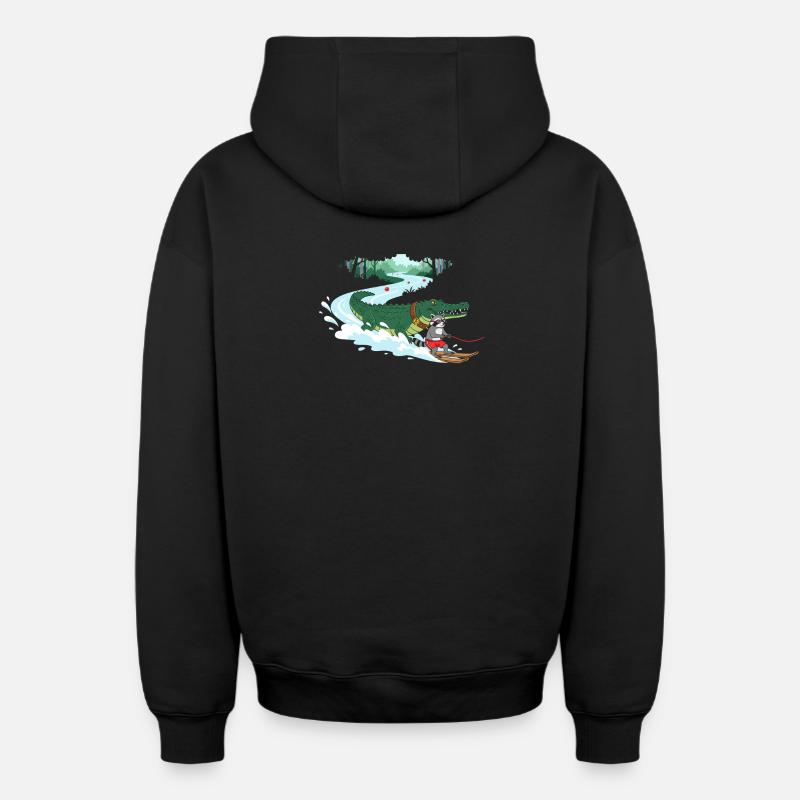 Crocodile Surfeur et Compagnon Chat - Sweat à capuche unisexe zippé oversize épais SPREAD - noir