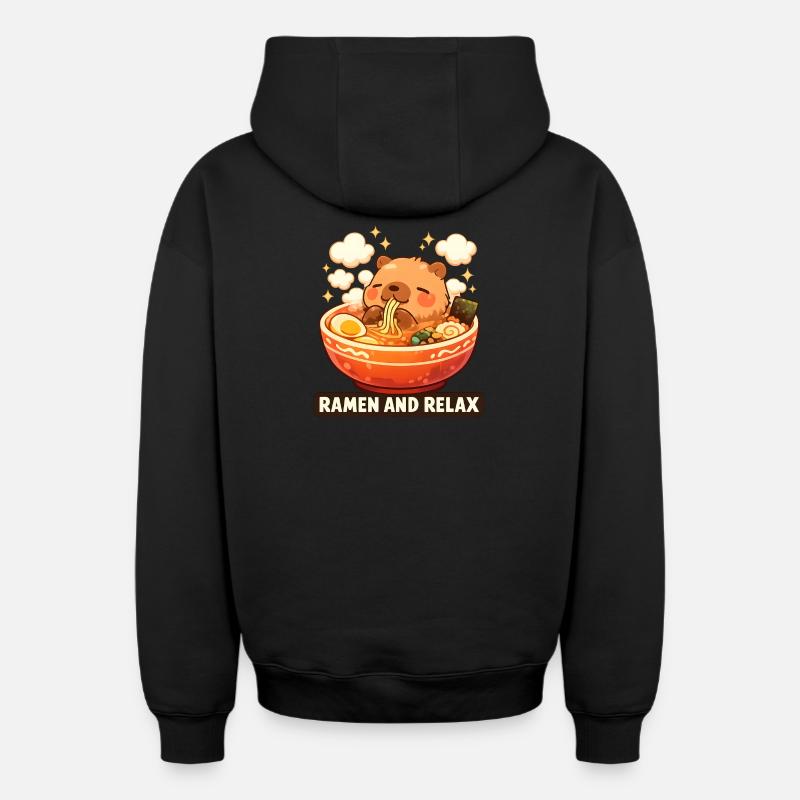 Ramen au capybara et détendez-vous - Sweat à capuche unisexe zippé oversize épais SPREAD - noir