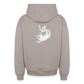 WHITE RABBIT | Snow Hare after Albrecht Dürer - Oversized Heavyweight Unisex Zip Hoodie - taupe - Back - AI Model Male 178 light (178cm)