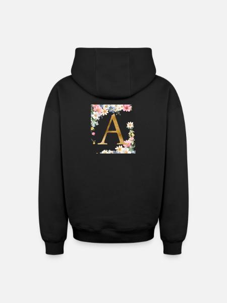 A Monogram, Floral, Personalizable - Oversized Heavyweight Unisex Zip Hoodie - black