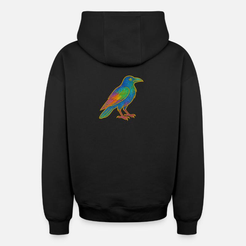 Rabe | Krähe | Regenbogen Vogel Glitzer Patch - Oversized Heavyweight Unisex Zip Hoodie - Schwarz