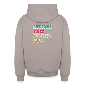 Brilliant since April 1961 - Oversized Heavyweight Unisex Zip Hoodie - taupe - Back - AI Model Male 178 light (178cm)