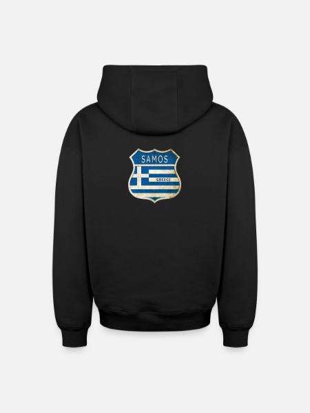 Samos Grèce Armoiries Drapeaux Design - Sweat à capuche unisexe zippé oversize épais SPREAD - noir