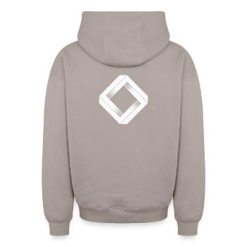 Losange impossible blanc - Sweat à capuche unisexe zippé oversize épais SPREAD - taupe - Dos - AI Model Male 178 light (178cm)