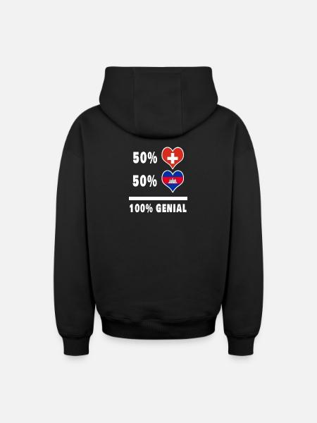 Camboya y Suiza 100% impresionante bandera - Sudadera oversize unisex gruesa con capucha y cremallera SPREAD - negro