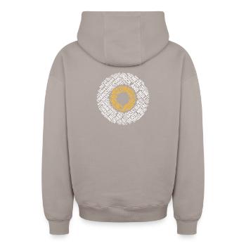 Typografische Vinyl-Schallplatte mit Hardcore-Musikstilen - Oversized Heavyweight Unisex Zip Hoodie - Taupe - Hinten - AI Model Male 178 light (178cm)