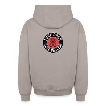 Liebe Hunde, hasse Faschismus – Antifaschistische Ware - Oversized Heavyweight Unisex Zip Hoodie - Taupe - Hinten - AI Model Male 178 light (178cm)
