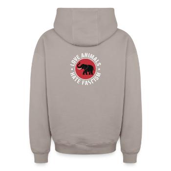 Aime les animaux, déteste le fascisme - Produits dérivés antifascistes - Sweat à capuche unisexe zippé oversize épais SPREAD - taupe - Dos - AI Model Male 178 light (178cm)