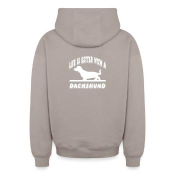 Dackel - Oversized Heavyweight Unisex Zip Hoodie - Taupe - Hinten - AI Model Male 178 light (178cm)