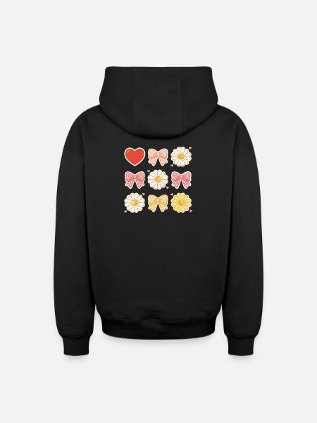 Pastel Daisy Bows Heart Pattern - Oversized Heavyweight Unisex Zip Hoodie - black