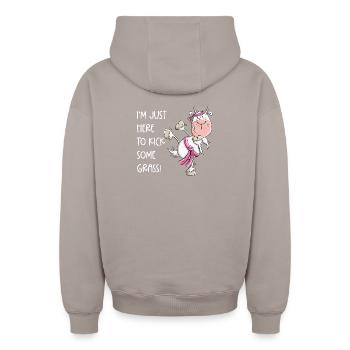 Karate Ziege Kampfsport Spruch - Oversized Heavyweight Unisex Zip Hoodie - Taupe - Hinten - AI Model Male 178 light (178cm)