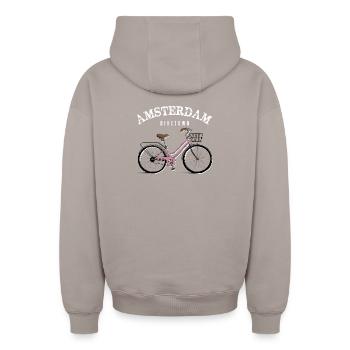 Amsterdam Biketown Pink-Fahrrad - Oversized Heavyweight Unisex Zip Hoodie - Taupe - Hinten - AI Model Male 178 light (178cm)