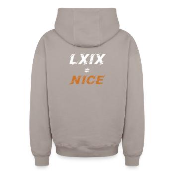 69=nice in roman numerals - Oversized Heavyweight Unisex Zip Hoodie - taupe - Back - AI Model Male 178 light (178cm)