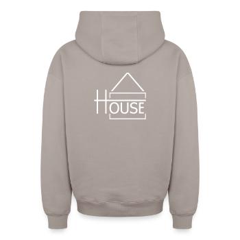 HOUSE Festival Design - Sweat à capuche unisexe zippé oversize épais SPREAD - taupe - Dos - AI Model Male 178 light (178cm)