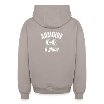 muscu, musculation, fitness - Sweat à capuche unisexe zippé oversize épais SPREAD - taupe - Dos - AI Model Male 178 light (178cm)