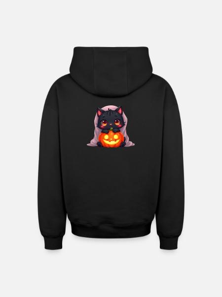 Halloween Cat with Halloween Pumpkin - Oversized Heavyweight Unisex Zip Hoodie - black