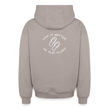 LIFE IS BETTER IN FLIP FLOPS - Oversized Heavyweight Unisex Zip Hoodie - Taupe - Hinten - AI Model Male 178 light (178cm)