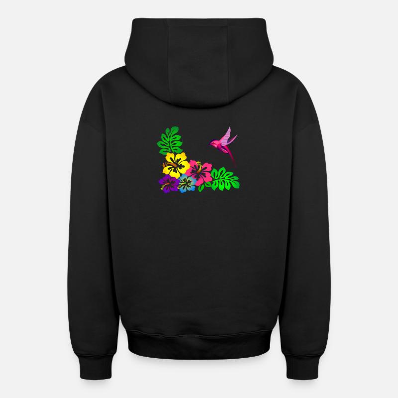 Colibri à motif tropical d’hibiscus - Sweat à capuche unisexe zippé oversize épais SPREAD - noir
