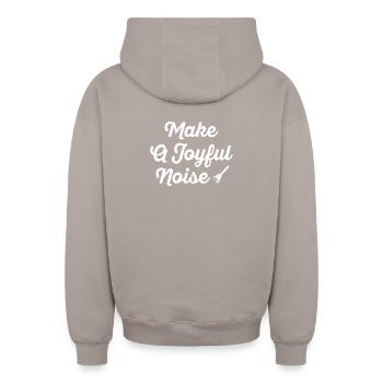 Make A Joyful Noise Typografie - Oversized Heavyweight Unisex Zip Hoodie - Taupe - Hinten - AI Model Male 178 light (178cm)