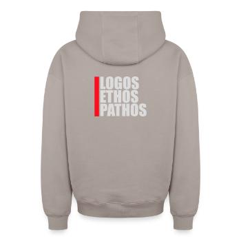 Logos Ethos Pathos Rhétorique Étudiant en Philosophie - Sweat à capuche unisexe zippé oversize épais SPREAD - taupe - Dos - AI Model Male 178 light (178cm)