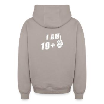 Ich bin19 Plus Mittelfinger Lustiges 20.Geburtstag - Oversized Heavyweight Unisex Zip Hoodie - Taupe - Hinten - AI Model Male 178 light (178cm)