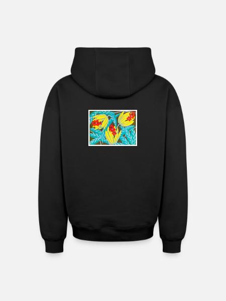 Crimson Flowers and Golden Leaves - Oversized Heavyweight Unisex Zip Hoodie - black