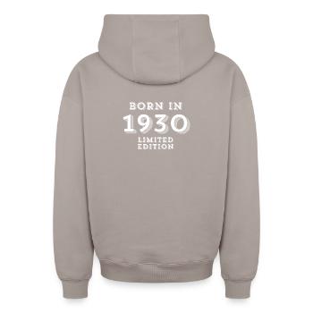 94 years, date of birth, year of birth - Oversized Heavyweight Unisex Zip Hoodie - taupe - Back - AI Model Male 178 light (178cm)