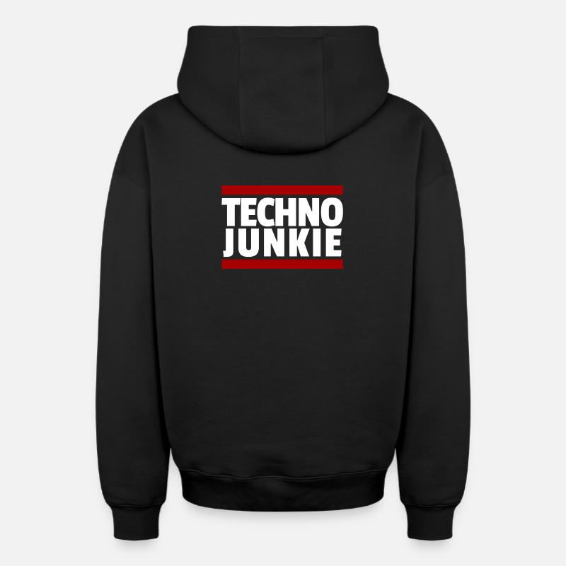 Techno Rave Junkie - Sweat à capuche unisexe zippé oversize épais SPREAD - noir
