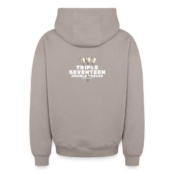Vintage 1975 Darts Checkout - Oversized Heavyweight Unisex Zip Hoodie - taupe - Back - AI Model Male 178 light (178cm)