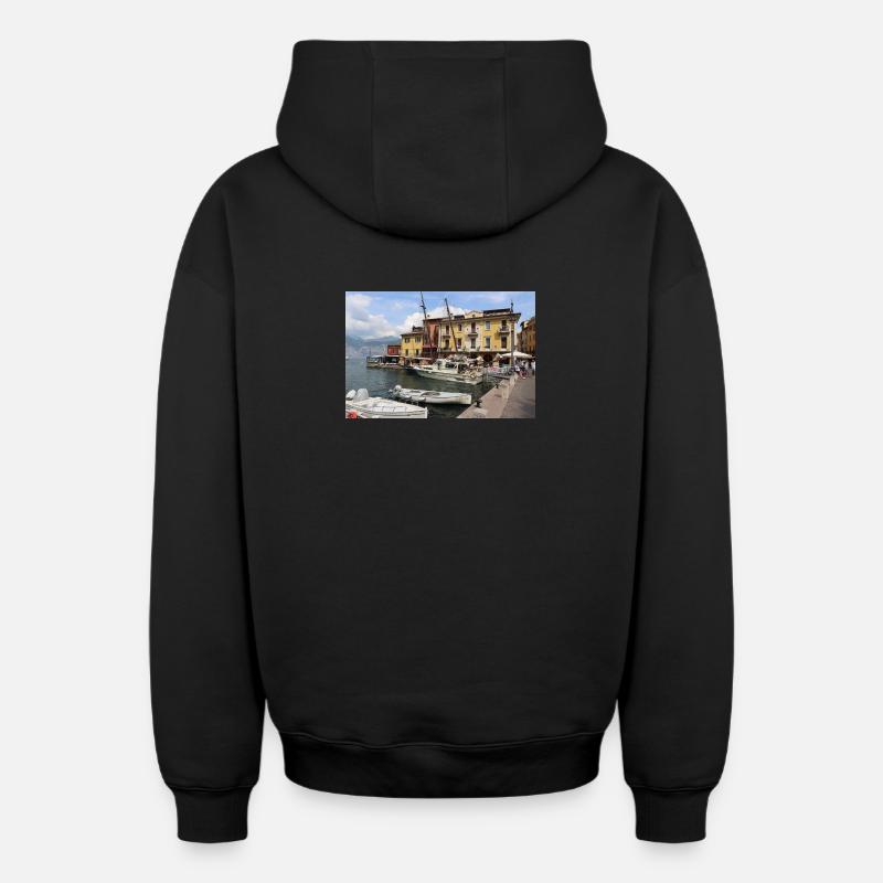 Le port de Malcesine - Sweat à capuche unisexe zippé oversize épais SPREAD - noir