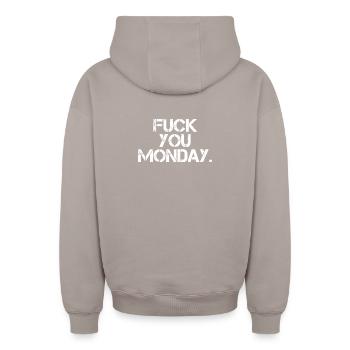 Fick dich Montag - Oversized Heavyweight Unisex Zip Hoodie - Taupe - Hinten - AI Model Male 178 light (178cm)
