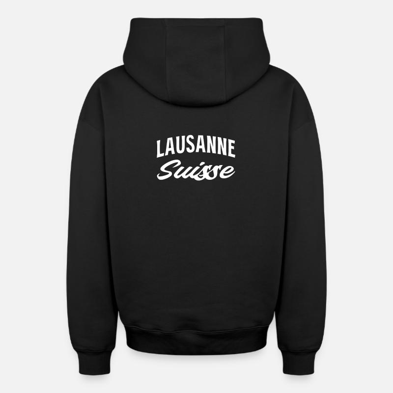 Lausanne Suisse Script - Sweat à capuche unisexe zippé oversize épais SPREAD - noir