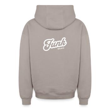 Funk Music Retro Script Logo - Oversized Heavyweight Unisex Zip Hoodie - Taupe - Hinten - AI Model Male 178 light (178cm)