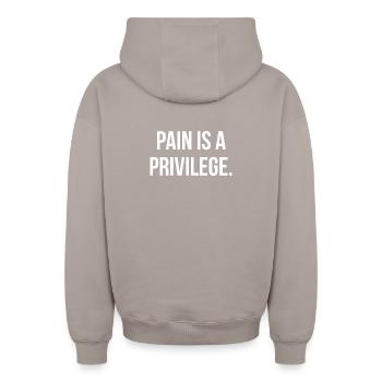 PAIN IS A PRIVILEGE. | Greyline Official - Oversized Heavyweight Unisex Zip Hoodie - taupe - Back - AI Model Male 178 light (178cm)
